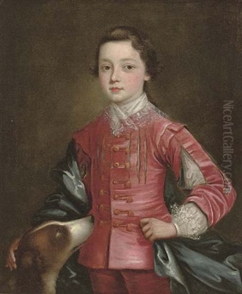 Portrait Of A Boy In A Red Slashed Doublet With A Blue Mantle, A Spaniel At His Side Oil Painting by Thomas Bardwell