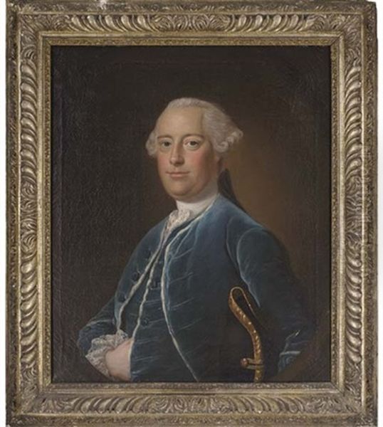 Portrait Of A Gentleman Of The Bastard Family, Of Kitley, Devon, In A Blue Coat And Waistcoat, A Tricorn Under His Left Arm Oil Painting by Thomas Bardwell