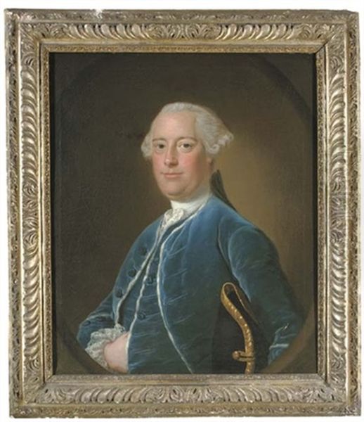 Portrait Of A Gentleman Of The Bastard Family, Of Kitley, Devon, Half-length, In A Blue Coat And Waistcoat, A Tricorn Under His Left Arm Oil Painting by Thomas Bardwell