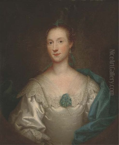 Portrait Of A Lady, Bust-length, In A White Dress And Blue Wrap Oil Painting by Thomas Bardwell