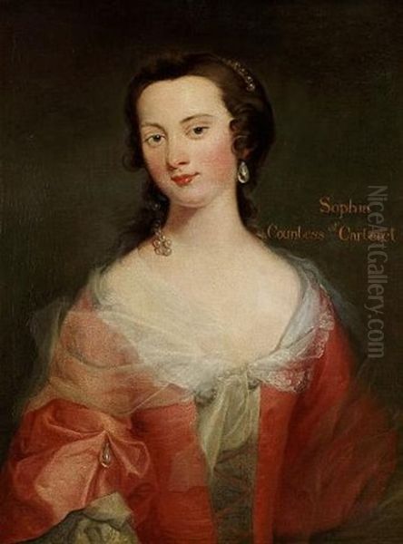 Portrait Of Sophia, Countess Of Carteret, Half-length, In A Pink Dress, With Pearl Earrings And A Pearl Hair Ornament Oil Painting by Thomas Bardwell