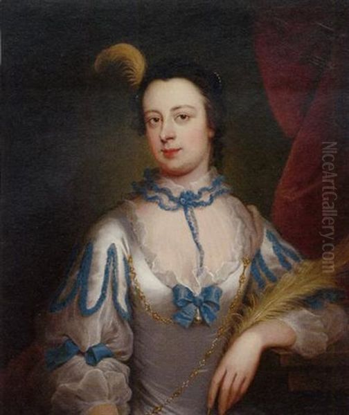 Portrait Of Lady Henrietta Vernon In Masquerade Dress, Holding A Quill In Her Left Hand, A Red Curtain Beyond Oil Painting by Thomas Bardwell