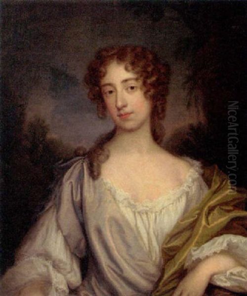 Portrait Of A Lady In A White And Mauve Dress And A Green Wrap, In A Wooded Landscape by Thomas Bardwell