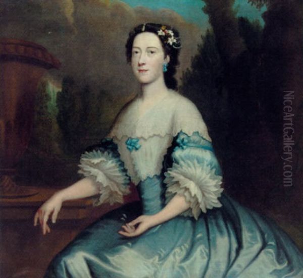 Portrait Of A Lady In A Blue Dress Trimmed With Lace And Blue Ribbons, With A White Lace Collar, By An Urn On A Terrace Oil Painting by Thomas Bardwell