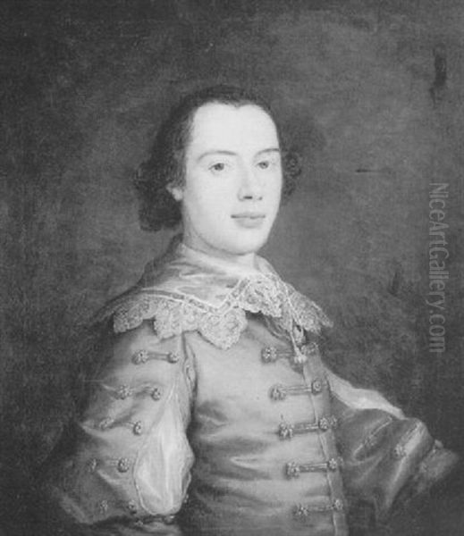 Portrait Of A Man (john Wogan?) Wearing A Blue Coat With Gold Toggles And A White Lace Collar Oil Painting by Thomas Bardwell