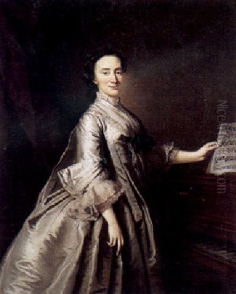 Portrait Of A Lady Standing Beside A Piano Holding A Sheet Of Music Oil Painting by Thomas Bardwell