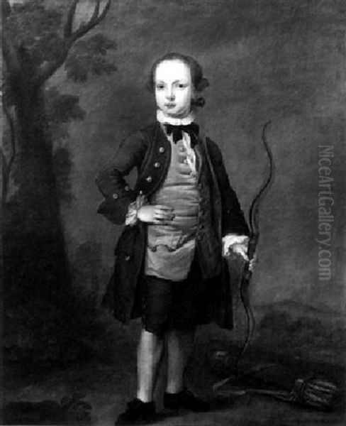 Portrait Of A Boy Wearing A Brown Coat And Blue Waistcoat, Standing In A Landscape Holding A Bow Oil Painting by Thomas Bardwell