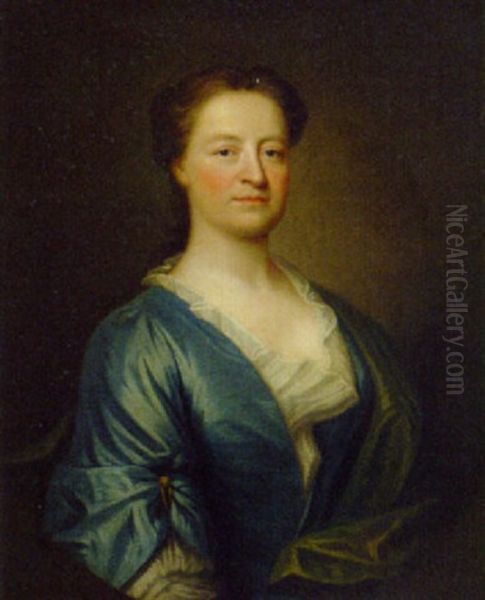 Portrait Of A Lady, Half-length, In A Blue And White Dress And Green Wrap Oil Painting by Thomas Bardwell