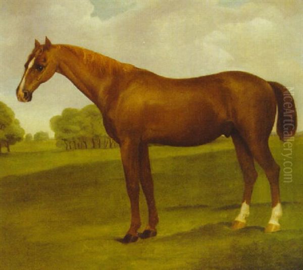 A Chestnut Racehorse In An Extensive Landscape Oil Painting by Thomas Bardwell