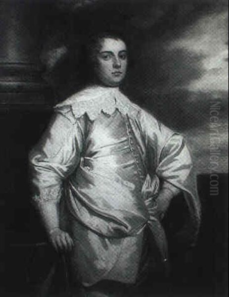 Portrait Of A Gentleman Standing Three-quarter Length,      Wearing A White Satin Coat, And White Lace Ruff Before A Oil Painting by Thomas Bardwell