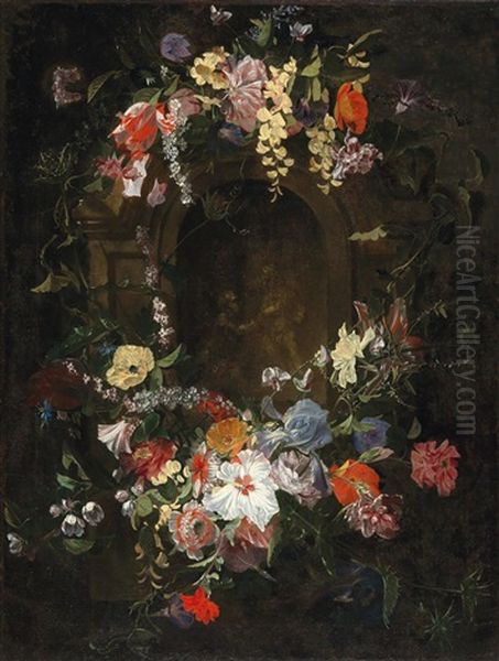 A Wreath Of Flowers Around A Painted Niche Enclosing A Pair Of Frolicking Putti Oil Painting by Johannes Anthonius van der Baren