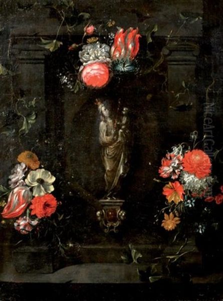 Vierge A L'enfant Dans Une Architecture Entouree De Bouquets De Fleurs Oil Painting by Johannes Anthonius van der Baren