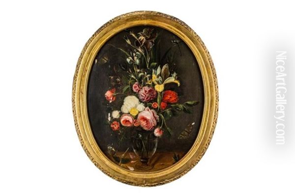 Bouquet De Fleurs Dans Un Vase De Cristal Pose Sur Un Entablement Et Insectes by Johannes Anthonius van der Baren