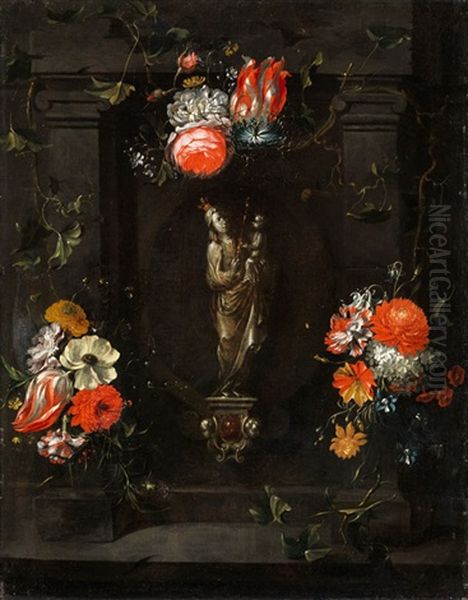 Stilleben Mit Madonnenfigur In Einer Steinadikula Von Blumen Umgeben Oil Painting by Johannes Anthonius van der Baren