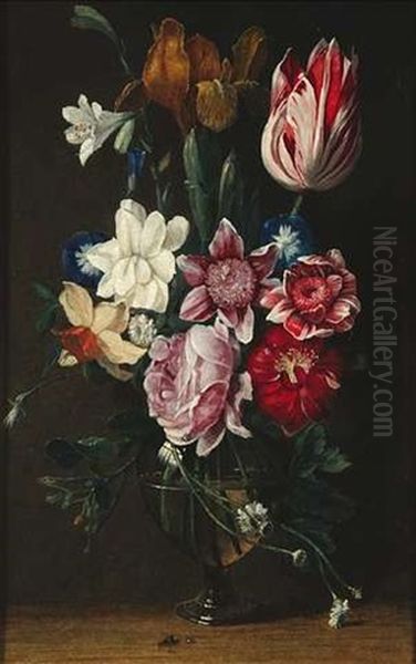 In Einer Glasvase Rosen, Tulpen, Lilien Und Narzissen Oil Painting by Johannes Anthonius van der Baren