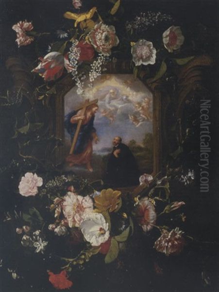 A Floral Garland Surrounding A Cartouche With The Vision Of Saint Ignatius Loyola Oil Painting by Johannes Anthonius van der Baren