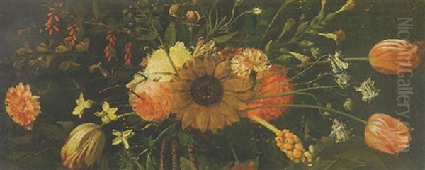 Still Life Of A Sunflower, Tulips, Roses, A Carnation And Other Flowers by Johannes Anthonius van der Baren