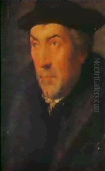 Portrait Of A Gentleman, Bust Length, Wearing A Grey Tunic  With Fur Collar, And A Black Cap Oil Painting by Dirck Barendsz