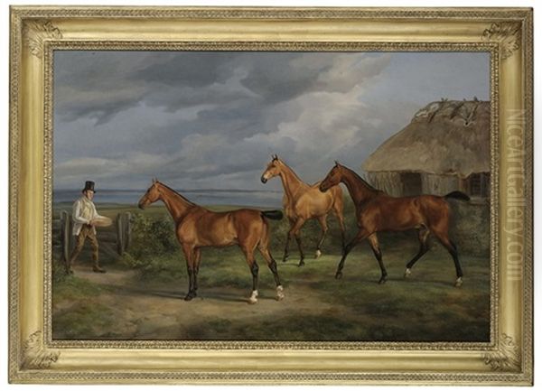 Three Hunters And A Groom In A Landscape, An Estuary Beyond Oil Painting by James Barenger the Elder