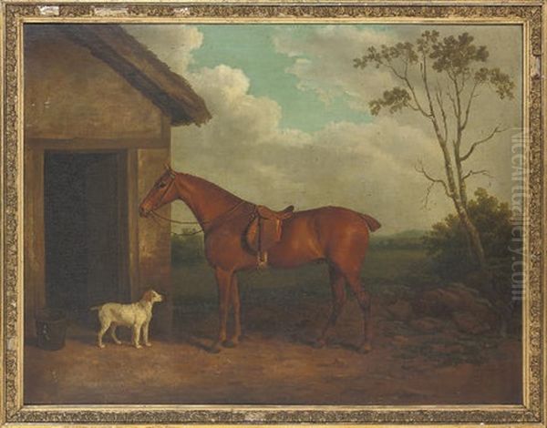 A Chestnut Hunter And Hound Outside A Stable Oil Painting by James Barenger the Elder