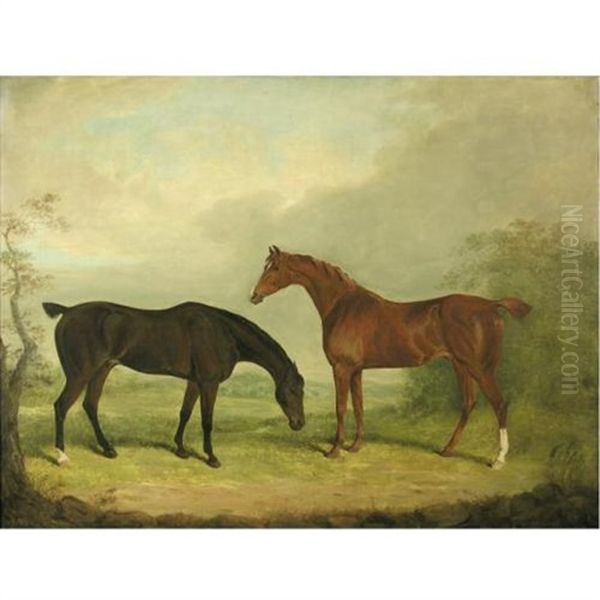 Two Horses In A Landscape Oil Painting by James Barenger the Elder