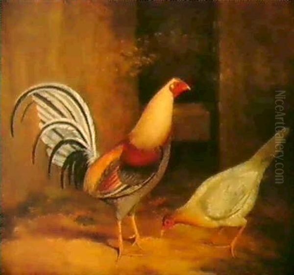 A Cockerel And Hen In A Yard Oil Painting by James Barenger the Elder