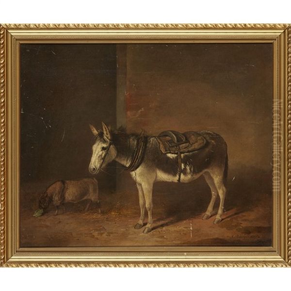 A Donkey And A Goat In A Stable Oil Painting by James Barenger the Younger