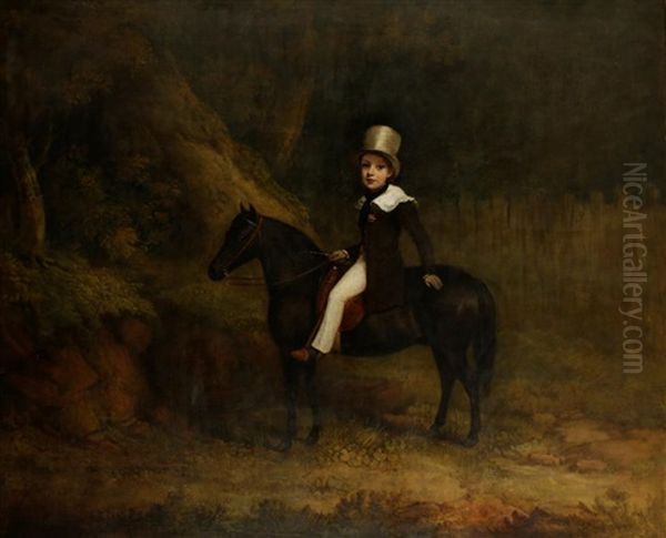 A Study Of A Young Boy Wearing A Top Hat Seated On His Pony Oil Painting by James Barenger the Younger