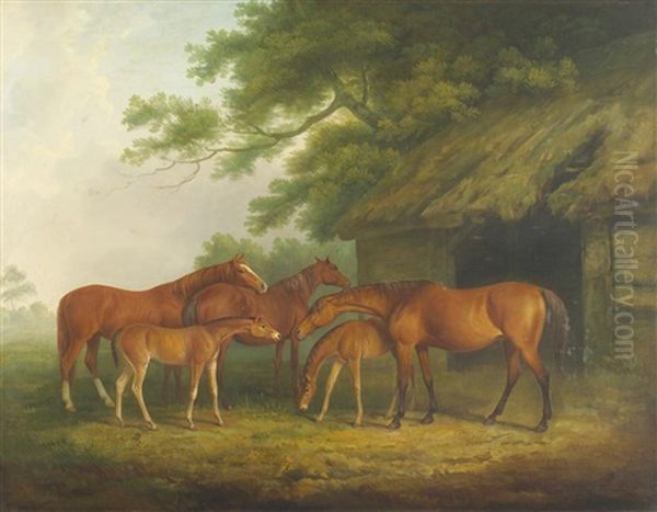 Mares And Fouls Near A Thatched Barn by James Barenger the Younger