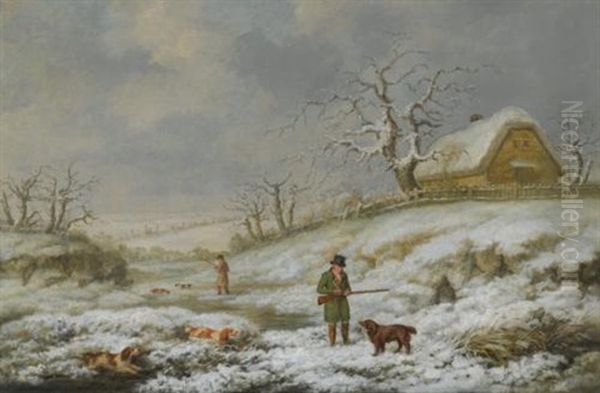 Snipe Shooting In A Winter Landscape Oil Painting by James Barenger the Younger