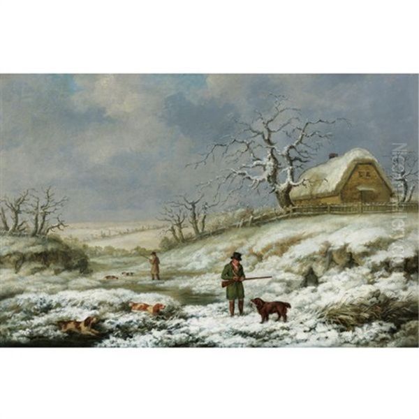 Snipe Shooting In A Winter Landscape Oil Painting by James Barenger the Younger