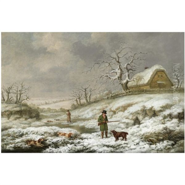 Snipe Shooting In A Winter Landscape Oil Painting by James Barenger the Younger