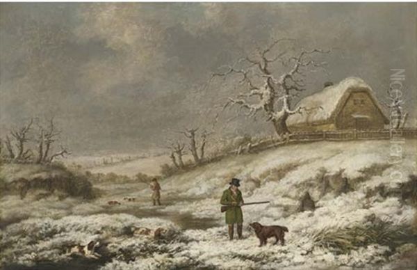 Snipe Shooting In A Winter Landscape Oil Painting by James Barenger the Younger