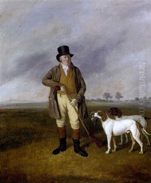 A Gentleman, Partridge Shooting With Two Pointers In A Landscape Oil Painting by James Barenger the Younger