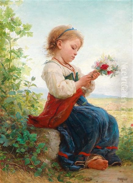 Eine Kleine Romerin Mit Blumenstrauss Oil Painting by Cecrope Barilli