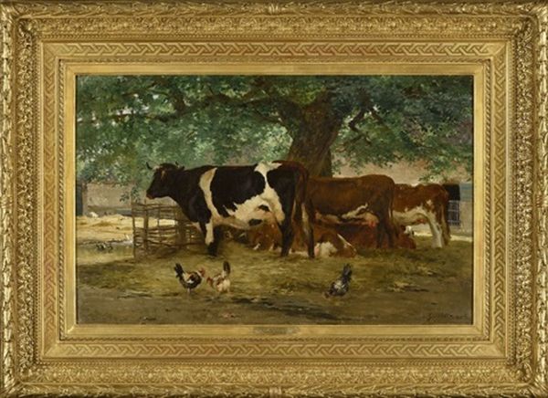 Vaches A L'ombre Du Grand Arbre Oil Painting by Leon Barillot