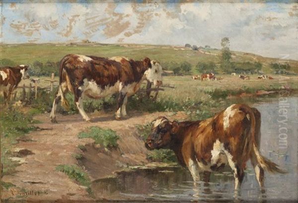 Vaches A L'abreuvoir Oil Painting by Leon Barillot