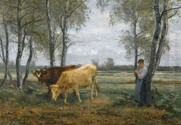 Strickende Bauerin Mit Zwei Kuhen Oil Painting by Leon Barillot