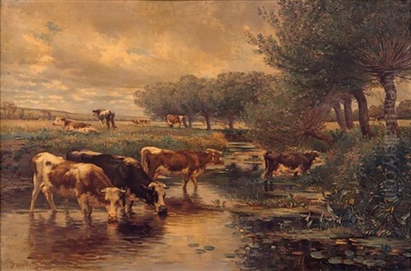 Vaches Pres D'un Ruisseau Oil Painting by Leon Barillot