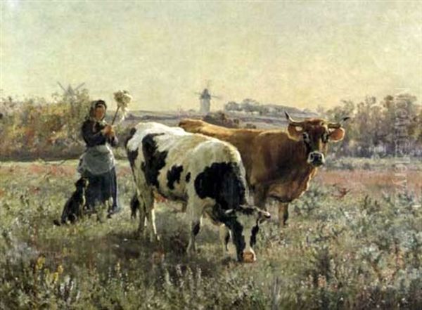 Paysanne Gardant Les Vaches Oil Painting by Leon Barillot