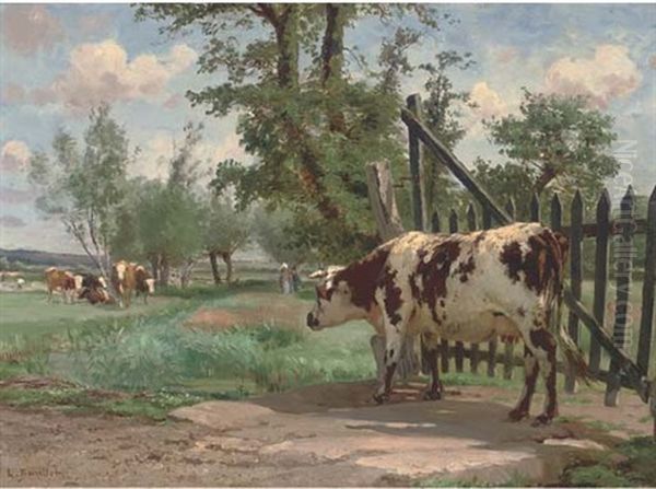 Cows Grazing In A Watermeadow Oil Painting by Leon Barillot