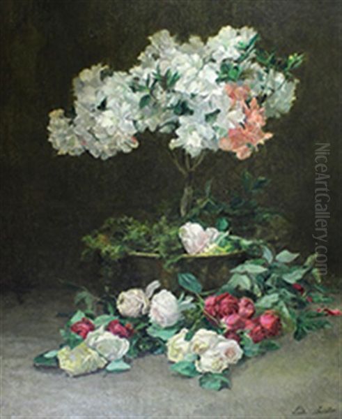 Roses Et Azalees Oil Painting by Leonie Barillot-Bonvalet