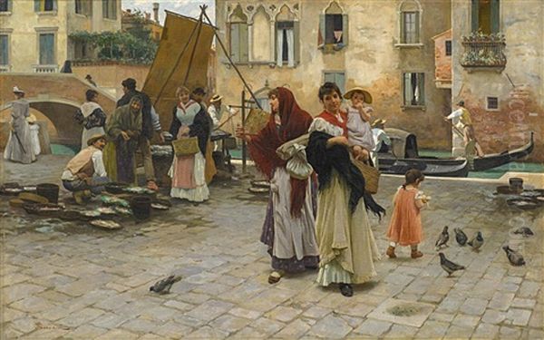 In Venedig. Geschaftiges Treiben Auf Einem Fischmarkt Oil Painting by Giuseppe Barison