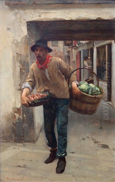 A Vegetable Seller In A Passage In Venice Oil Painting by Giuseppe Barison