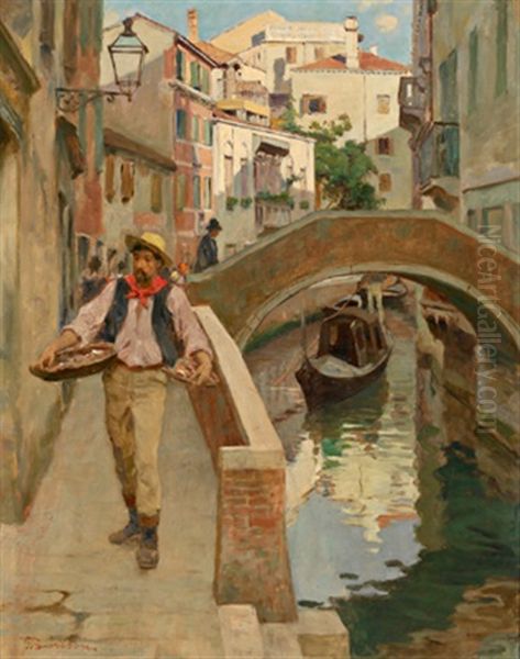 Muschelverkaufer An Einem Kanal In Venedig Oil Painting by Giuseppe Barison