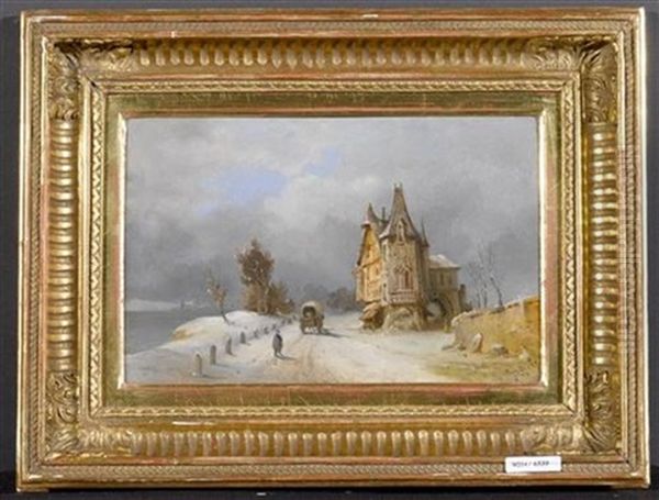 Winterlandschaft Mit Burgartigem Haus Und Fuhrwerk Oil Painting by Giuseppe Barison