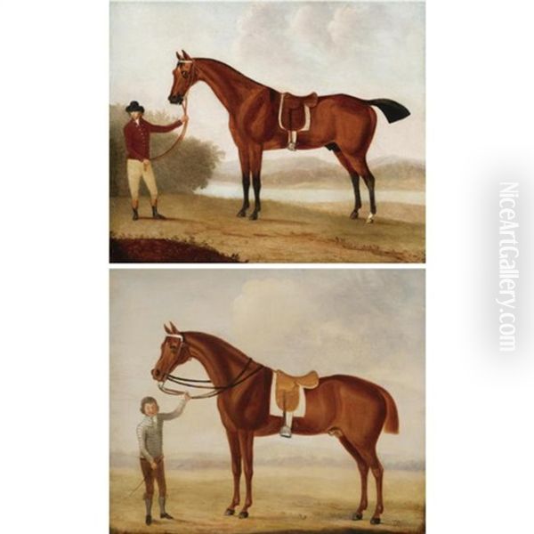 A Chestnut Racehorse Held By A Jockey (+ A Bay Racehorse Held By A Groom; Pair) Oil Painting by Benjamin Barker the Elder