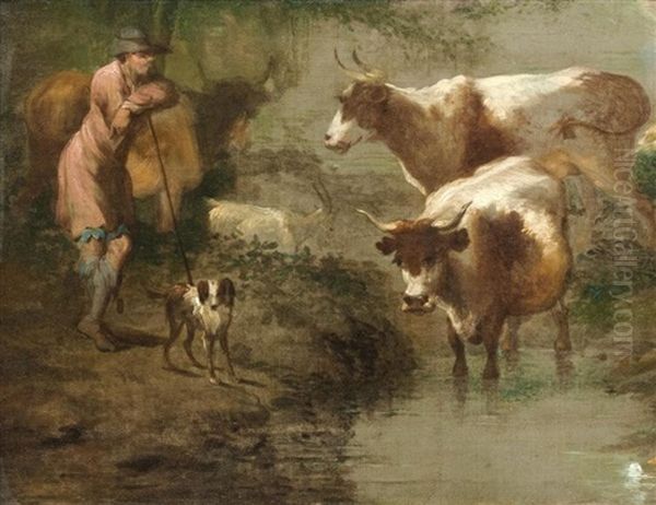 Drover With Cattle Watering On The Banks Of A Woodland Stream by Benjamin (of Bath) Barker