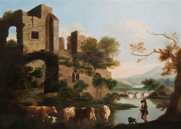 Drover With Cattle By A Ruin With A River, Bridge And Woodland In The Distance Oil Painting by Benjamin (of Bath) Barker