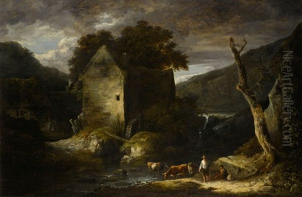 A Wooded River Landscape With Drovers Oil Painting by Benjamin (of Bath) Barker